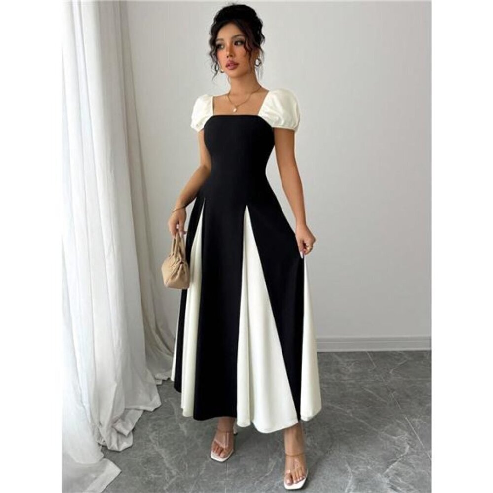 Contrast Puff Sleeve Midi Dress